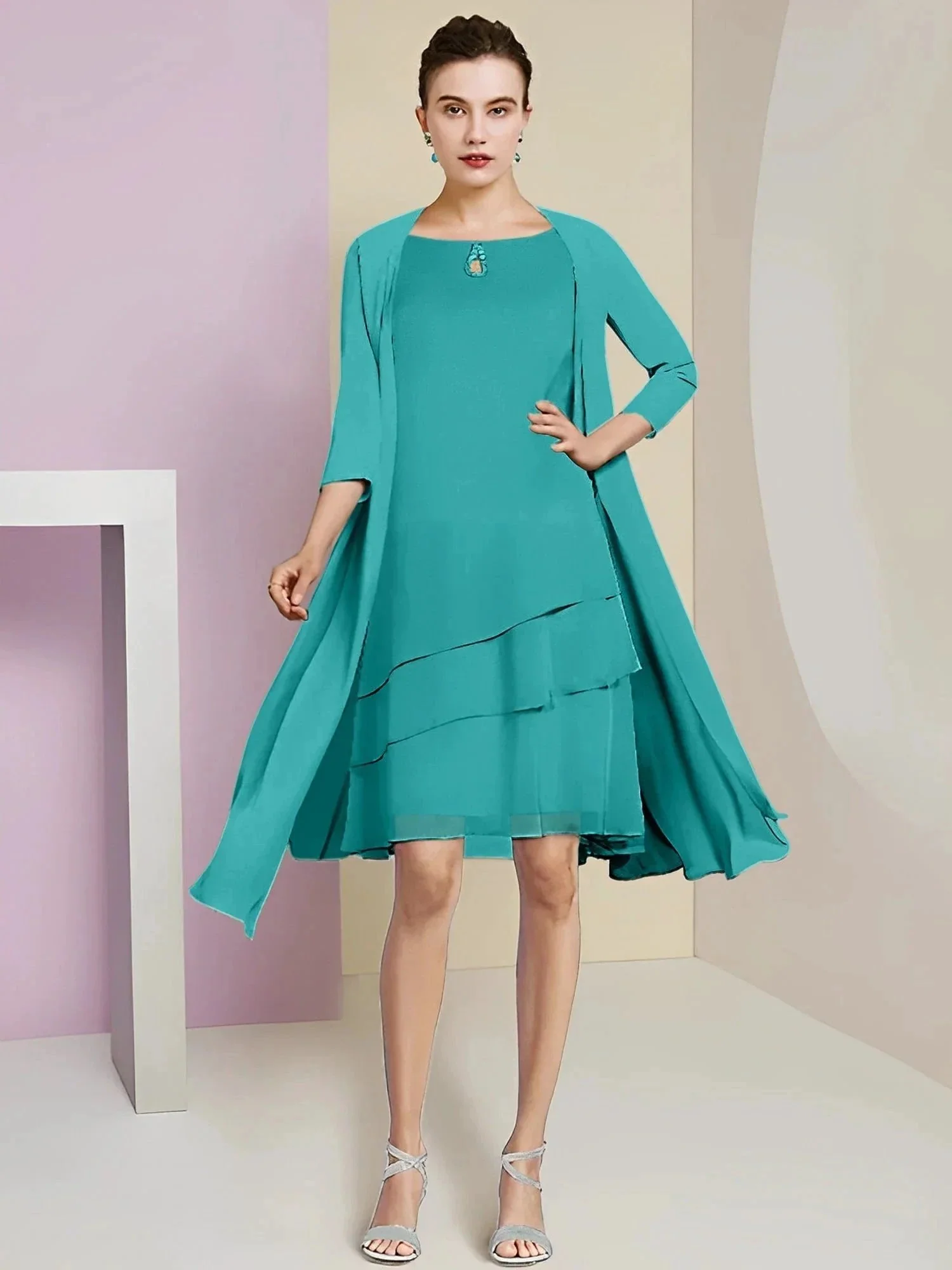 A-Line/Princess Jewel Neck Knee-Length Mother of the Bride Dresses - Image 3