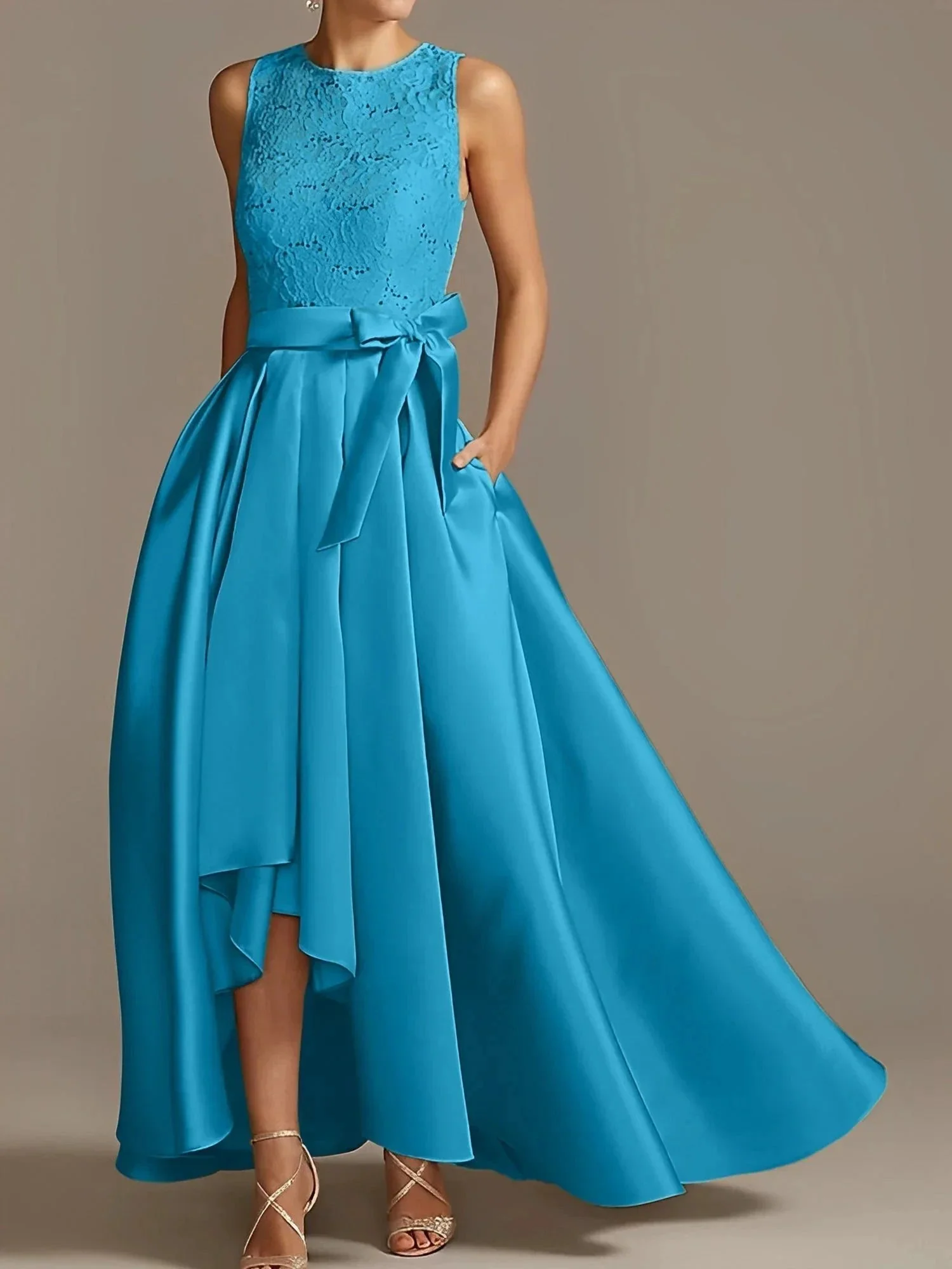 A-Line/Princess Jewel Neck Sleeveless Mother Of The Bride Dresses With Pleats Lace - Image 4