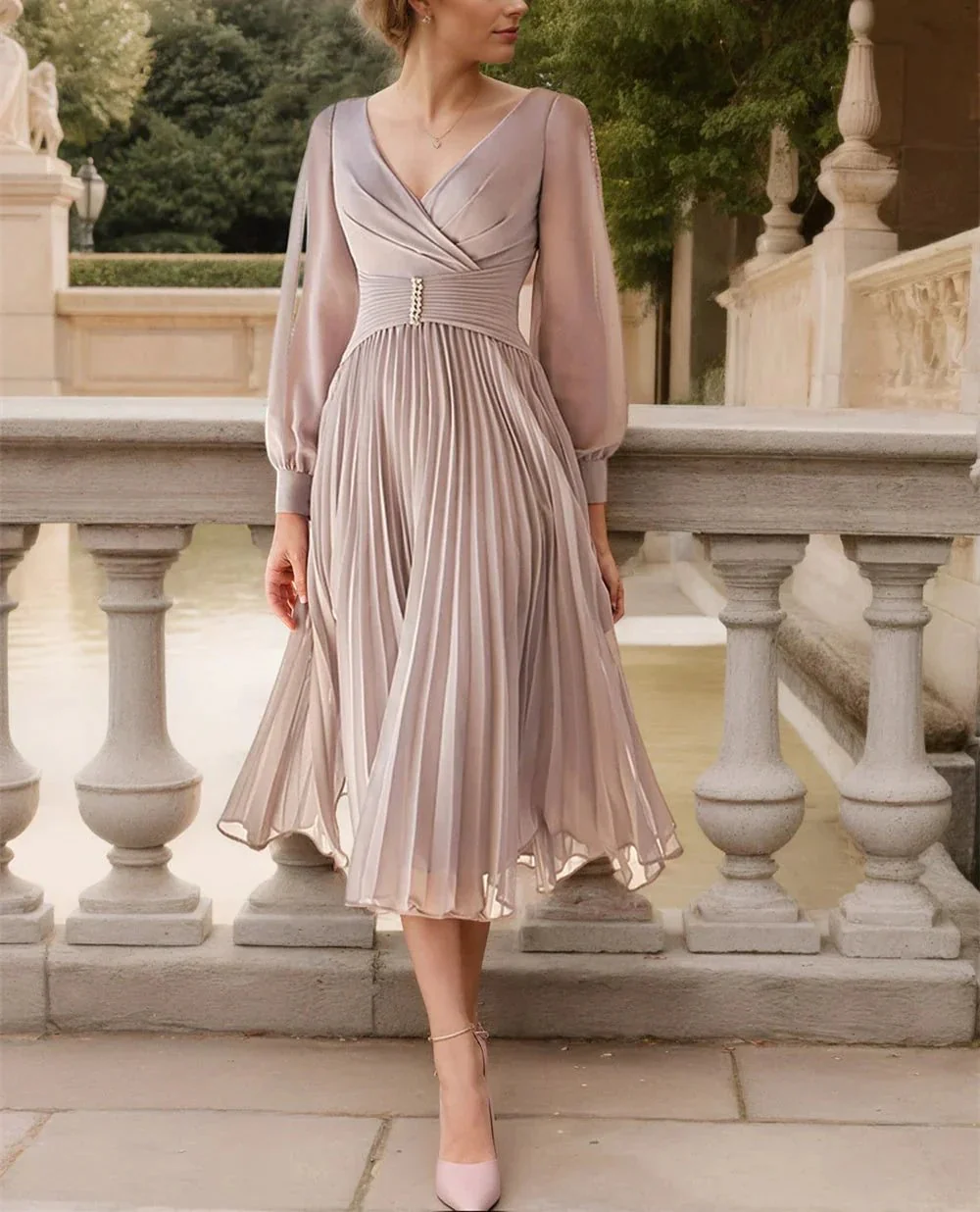 A-Line/Princess V-Neck Long Sleeves Tea-Length Chiffon Mother Of The Bride Dresses - Image 3