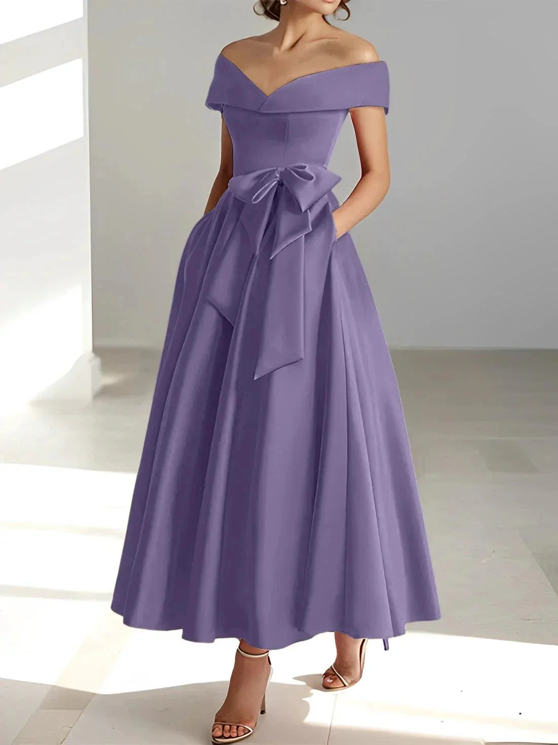 A-Line/Princess Off-the-Shoulder Sleeveless Ankle-Length Mother of the Bride Dresses with Pockets - Image 14