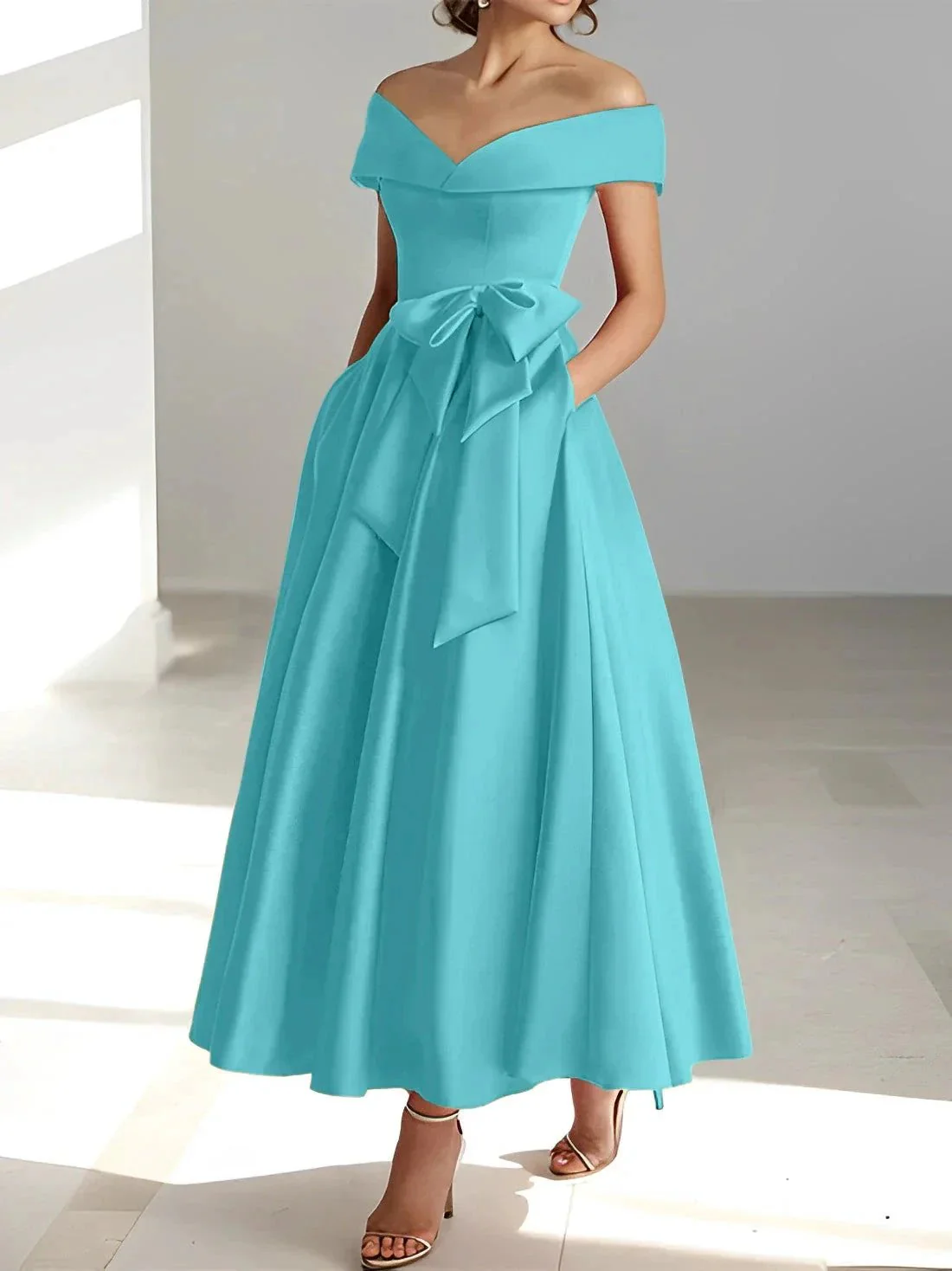 A-Line/Princess Off-the-Shoulder Sleeveless Ankle-Length Mother of the Bride Dresses with Pockets - Image 17