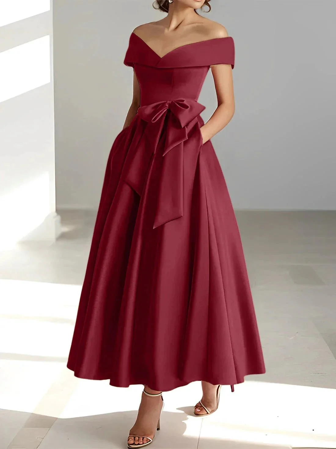 A-Line/Princess Off-the-Shoulder Sleeveless Ankle-Length Mother of the Bride Dresses with Pockets - Image 18