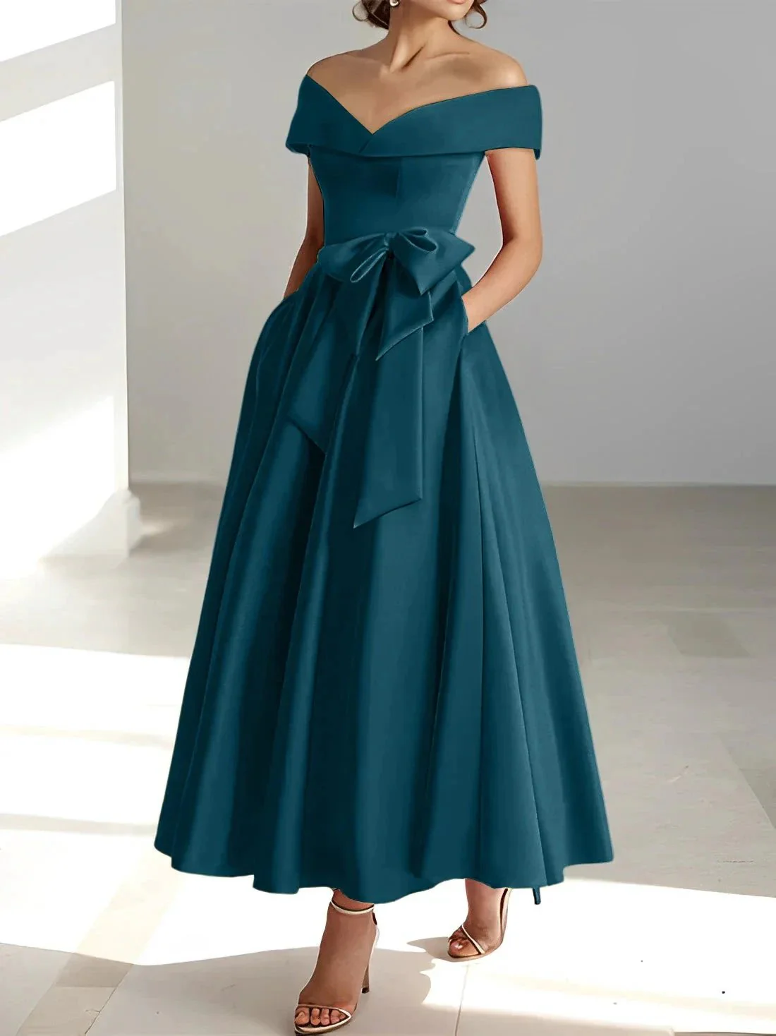 A-Line/Princess Off-the-Shoulder Sleeveless Ankle-Length Mother of the Bride Dresses with Pockets - Image 30