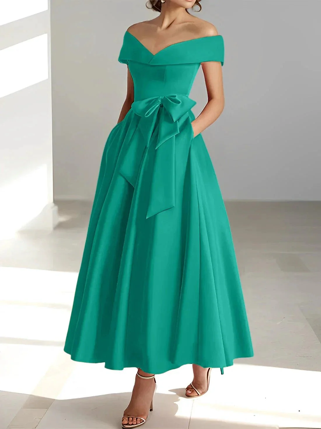 A-Line/Princess Off-the-Shoulder Sleeveless Ankle-Length Mother of the Bride Dresses with Pockets - Image 32