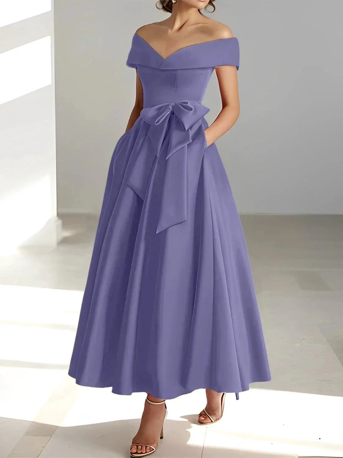 A-Line/Princess Off-the-Shoulder Sleeveless Ankle-Length Mother of the Bride Dresses with Pockets - Image 33