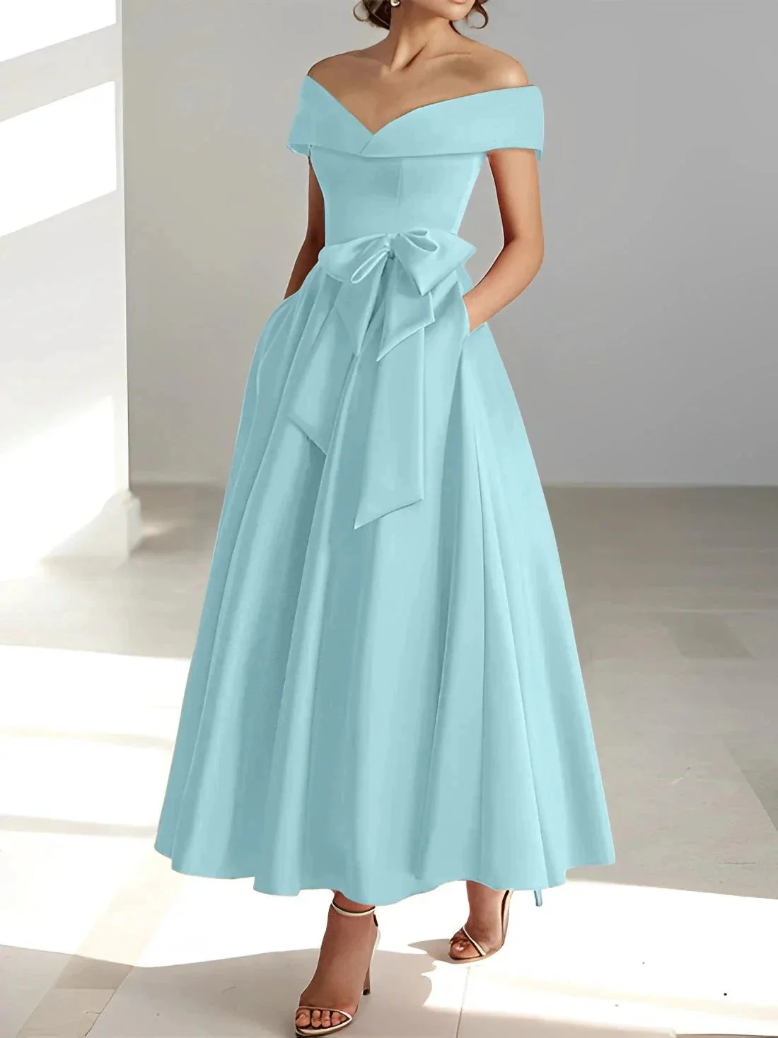 A-Line/Princess Off-the-Shoulder Sleeveless Ankle-Length Mother of the Bride Dresses with Pockets - Image 36