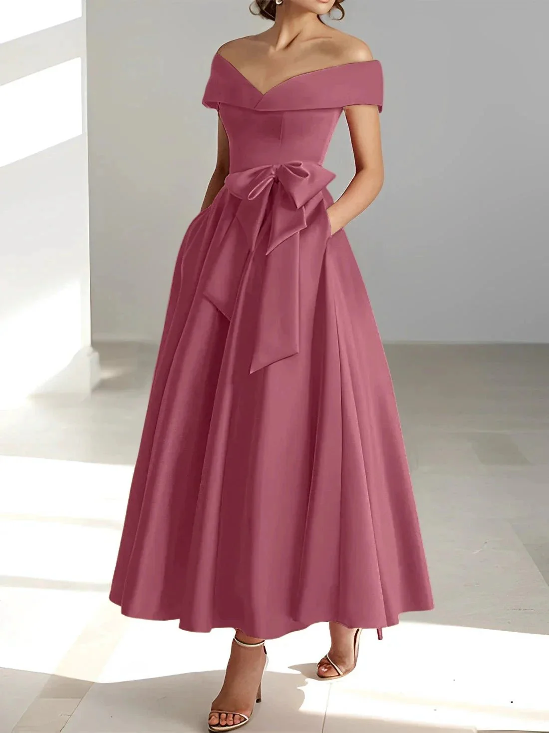 A-Line/Princess Off-the-Shoulder Sleeveless Ankle-Length Mother of the Bride Dresses with Pockets - Image 37