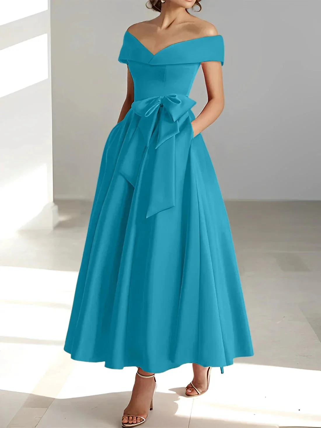 A-Line/Princess Off-the-Shoulder Sleeveless Ankle-Length Mother of the Bride Dresses with Pockets - Image 38