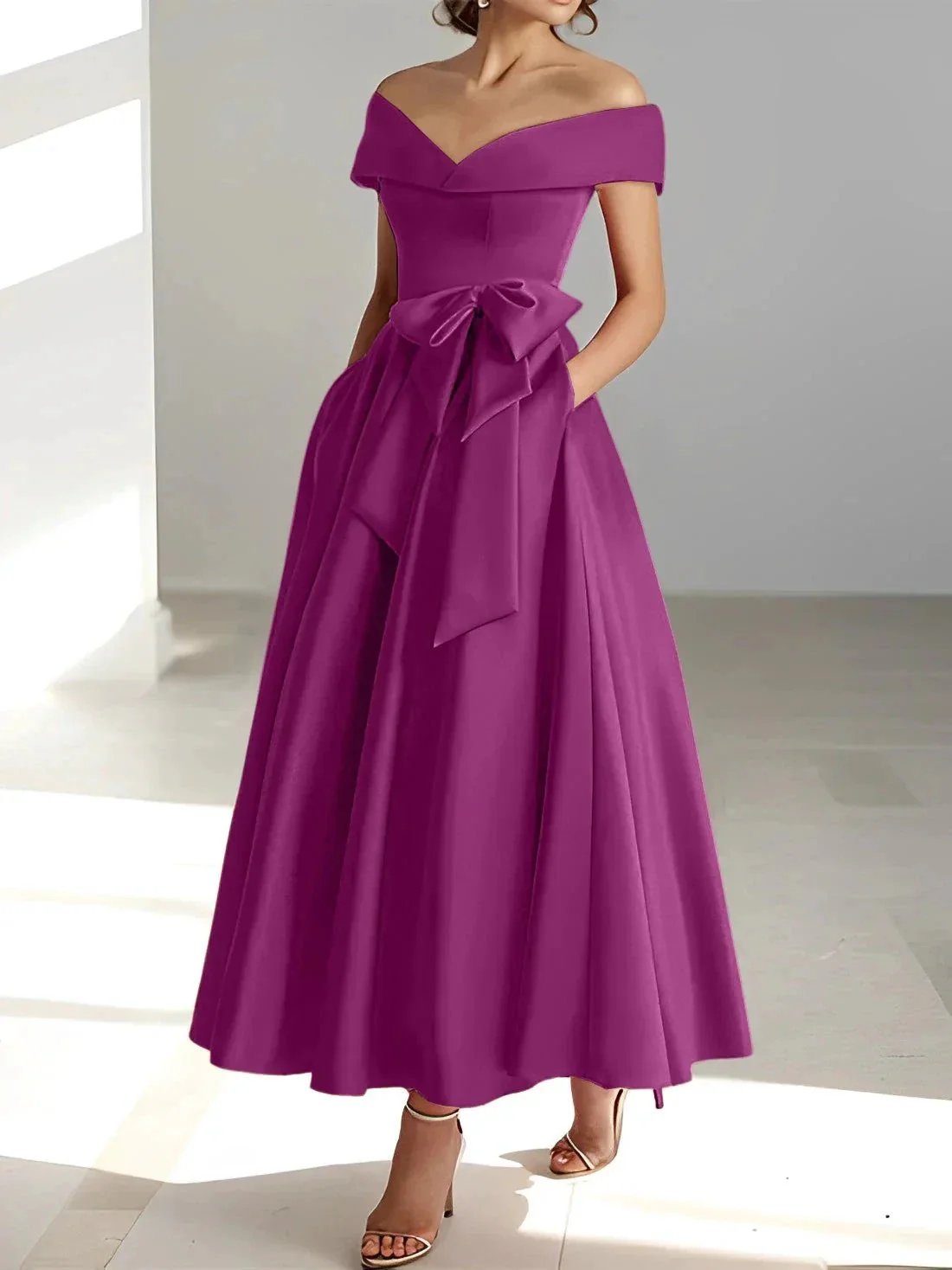 A-Line/Princess Off-the-Shoulder Sleeveless Ankle-Length Mother of the Bride Dresses with Pockets - Image 40