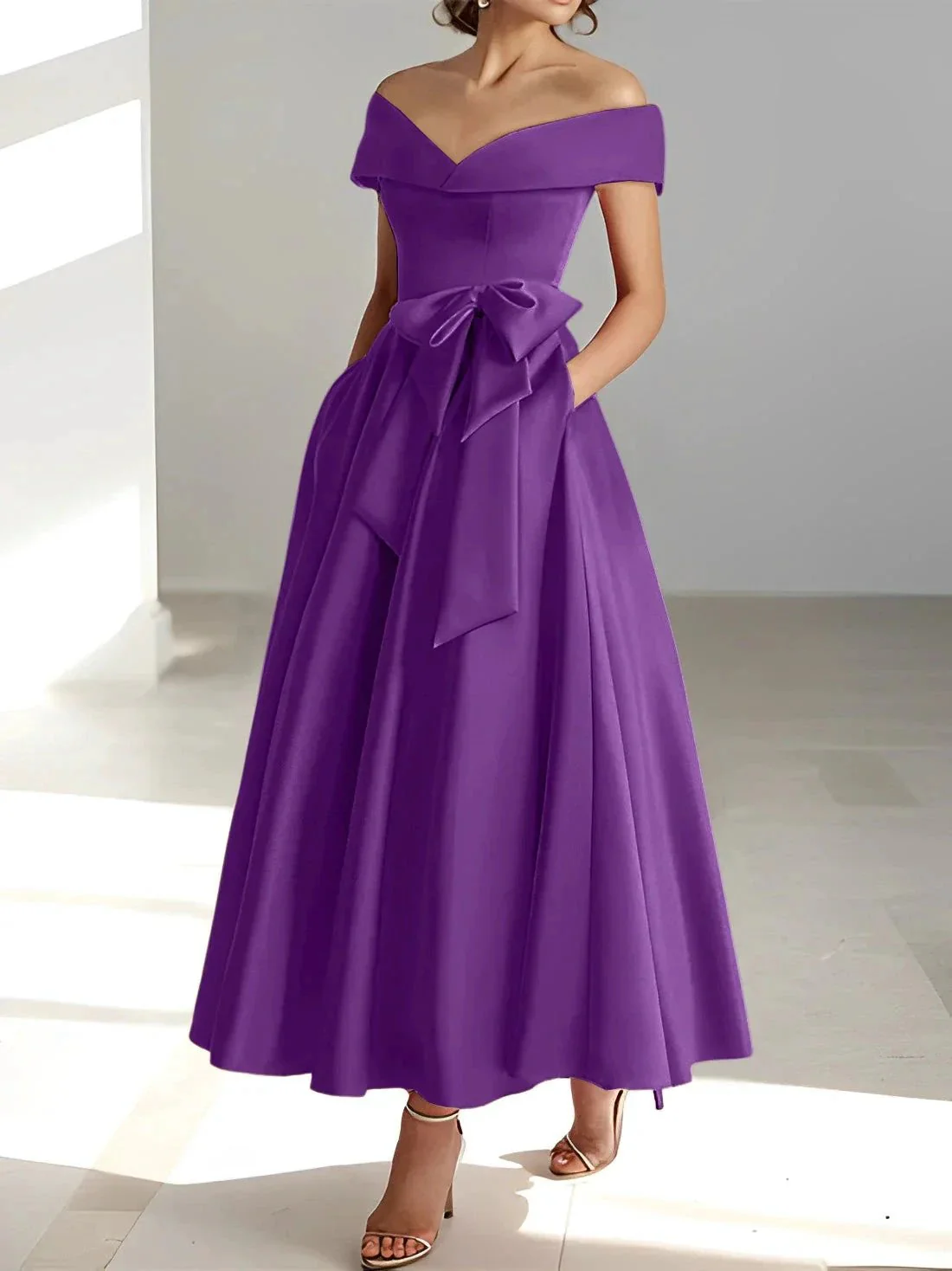 A-Line/Princess Off-the-Shoulder Sleeveless Ankle-Length Mother of the Bride Dresses with Pockets - Image 44