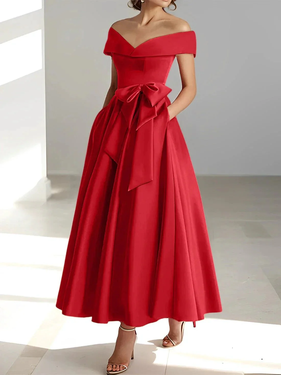 A-Line/Princess Off-the-Shoulder Sleeveless Ankle-Length Mother of the Bride Dresses with Pockets - Image 46