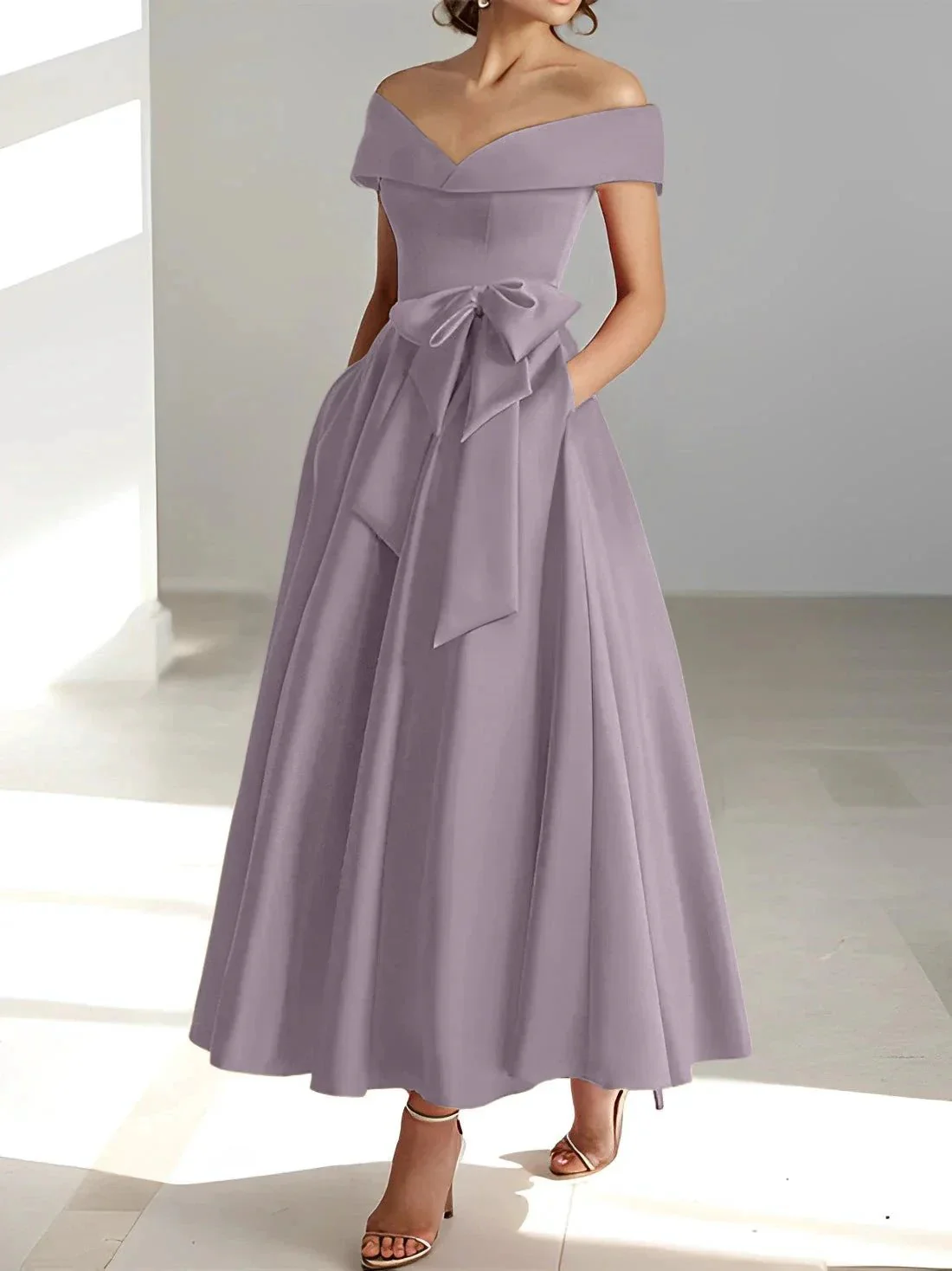 A-Line/Princess Off-the-Shoulder Sleeveless Ankle-Length Mother of the Bride Dresses with Pockets - Image 57