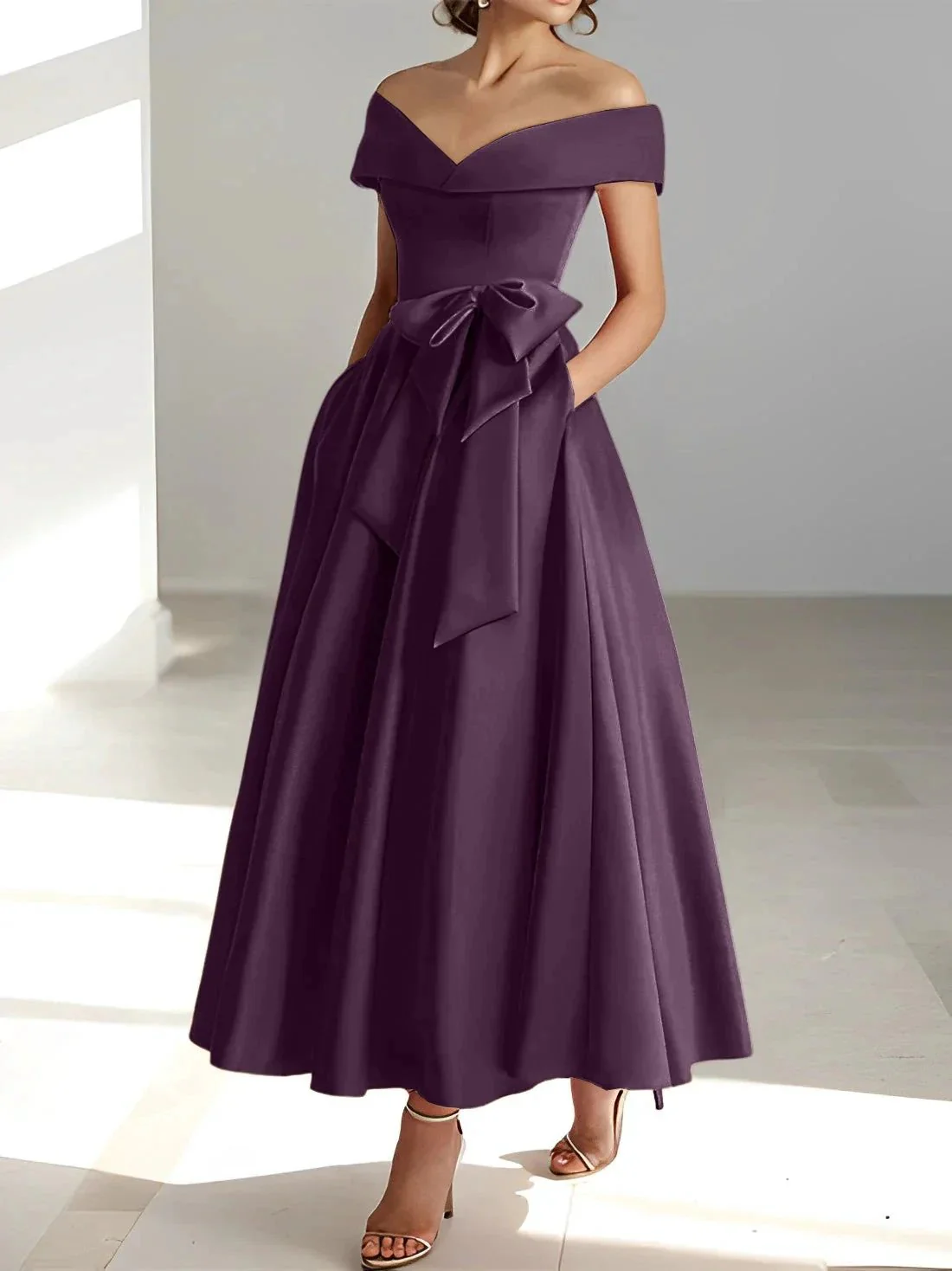 A-Line/Princess Off-the-Shoulder Sleeveless Ankle-Length Mother of the Bride Dresses with Pockets - Image 8