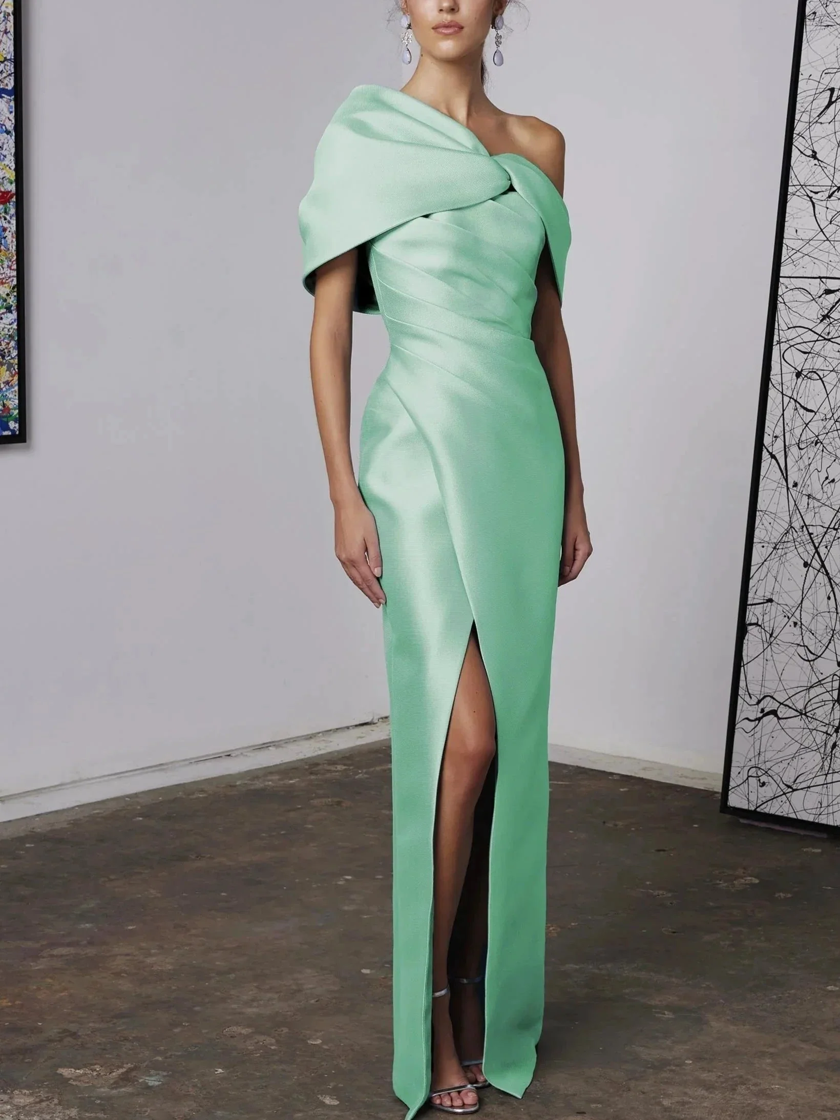 A-Line/Princess One-Shoulder Half Sleeves Floor-Length Mother of the Bride Dresses with Ruffles - Image 3