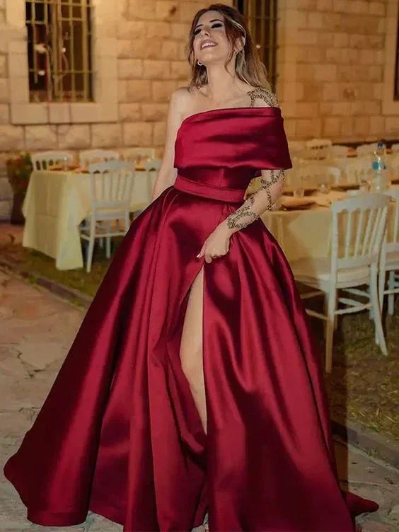 A-Line/Princess Satin Ruffles One-Shoulder Sleeveless Sweep/Brush Train Evening Dress  Y5537 - Image 2