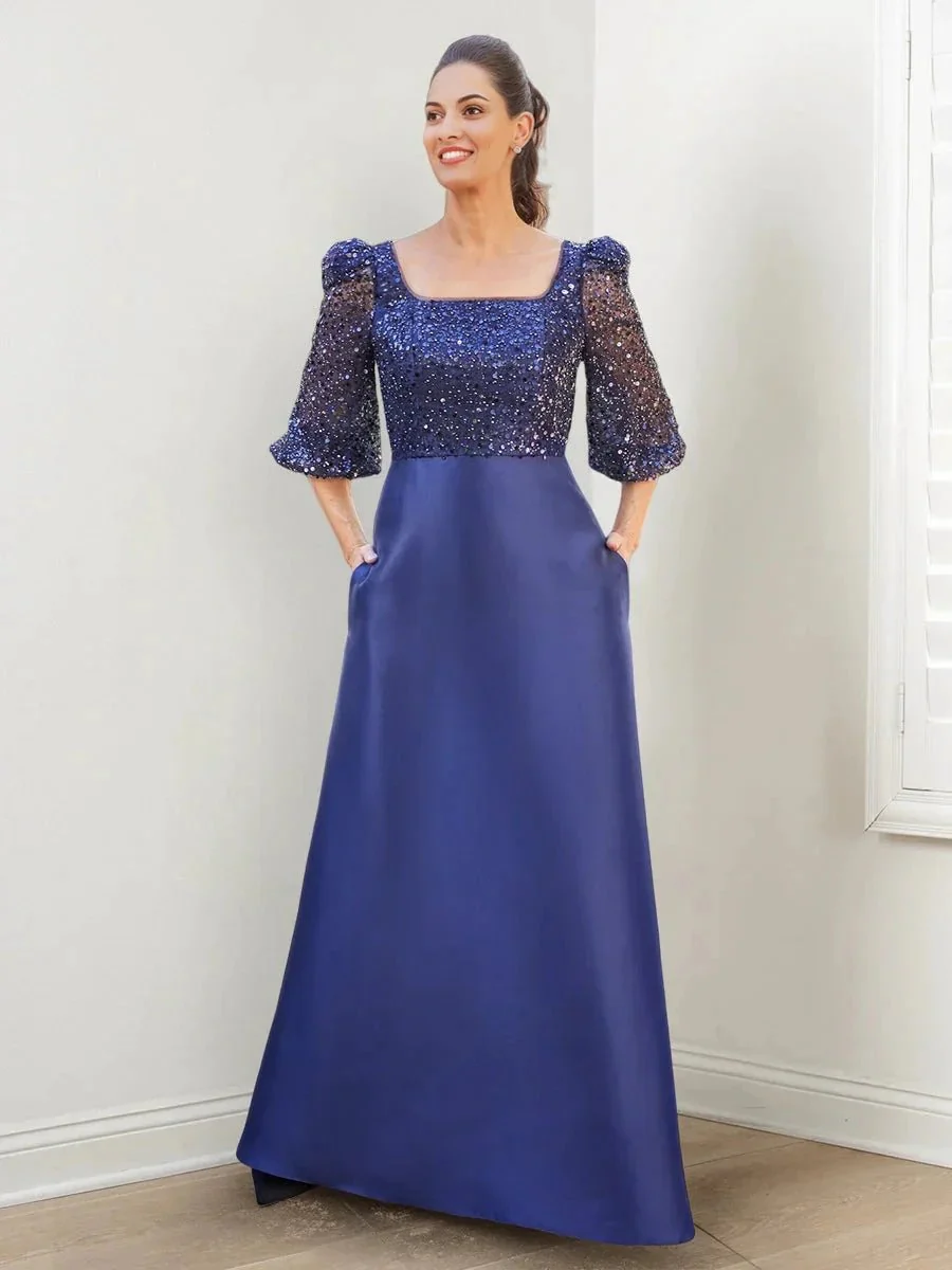 A-Line/Princess Square Neck Mother of the Bride Dresses with Sequins & Pockets - Image 4