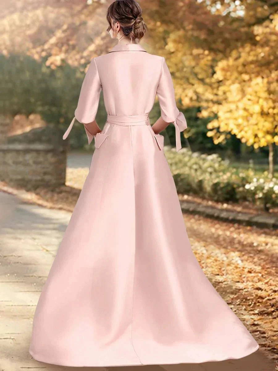 A-Line/Princess V-Neck 1/2 Sleeves Floor-Length Mother of the Bride Dresses with Sash - Image 2