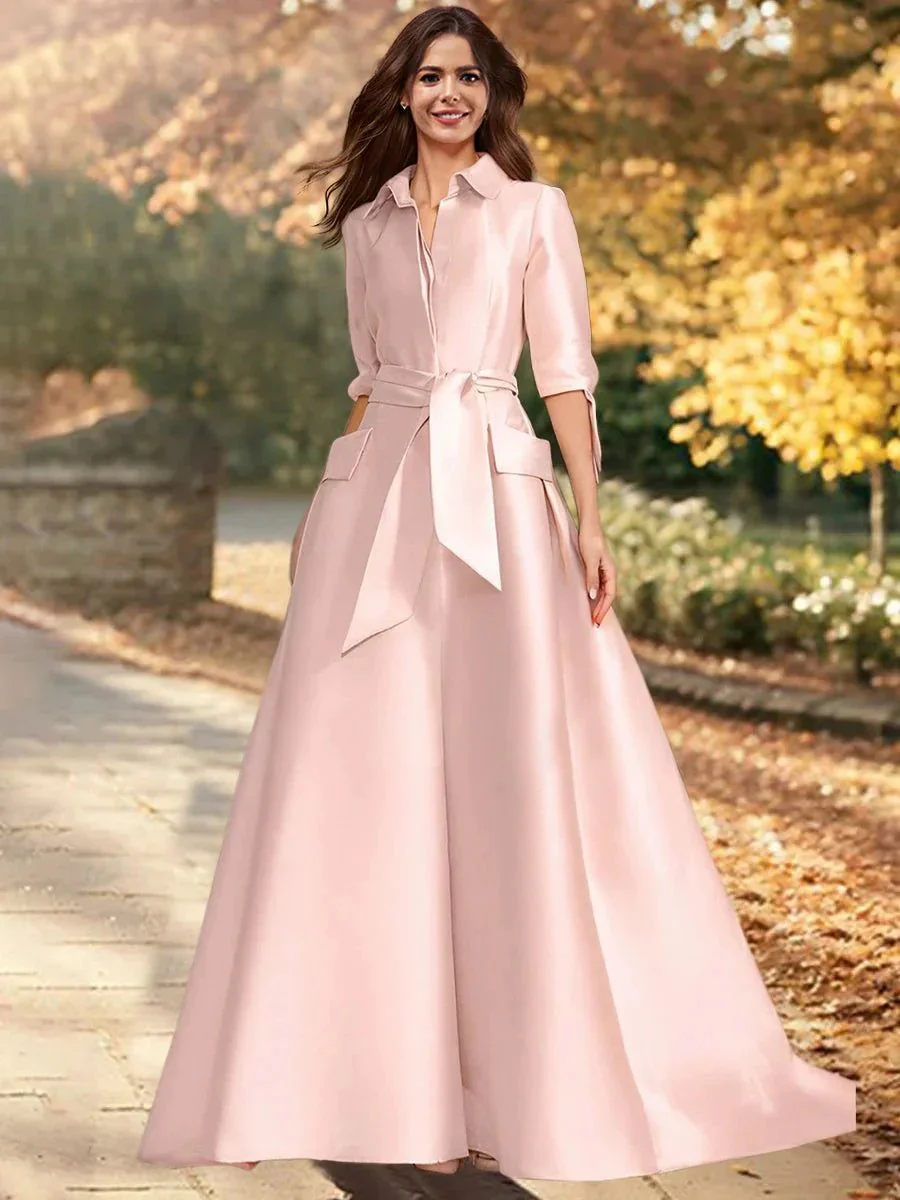 A-Line/Princess V-Neck 1/2 Sleeves Floor-Length Mother of the Bride Dresses with Sash - Image 3
