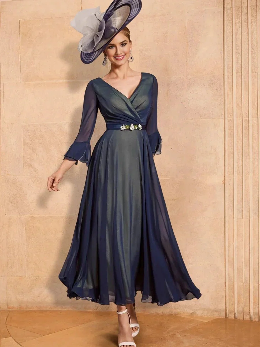 A-Line/Princess V-Neck Ankle-Length Mother of the Bride Dresses with Belt - Image 2
