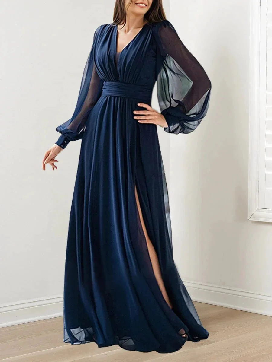 A-Line/Princess V-Neck Long Sleeves Floor-Length Mother of the Bride Dresses - Image 3