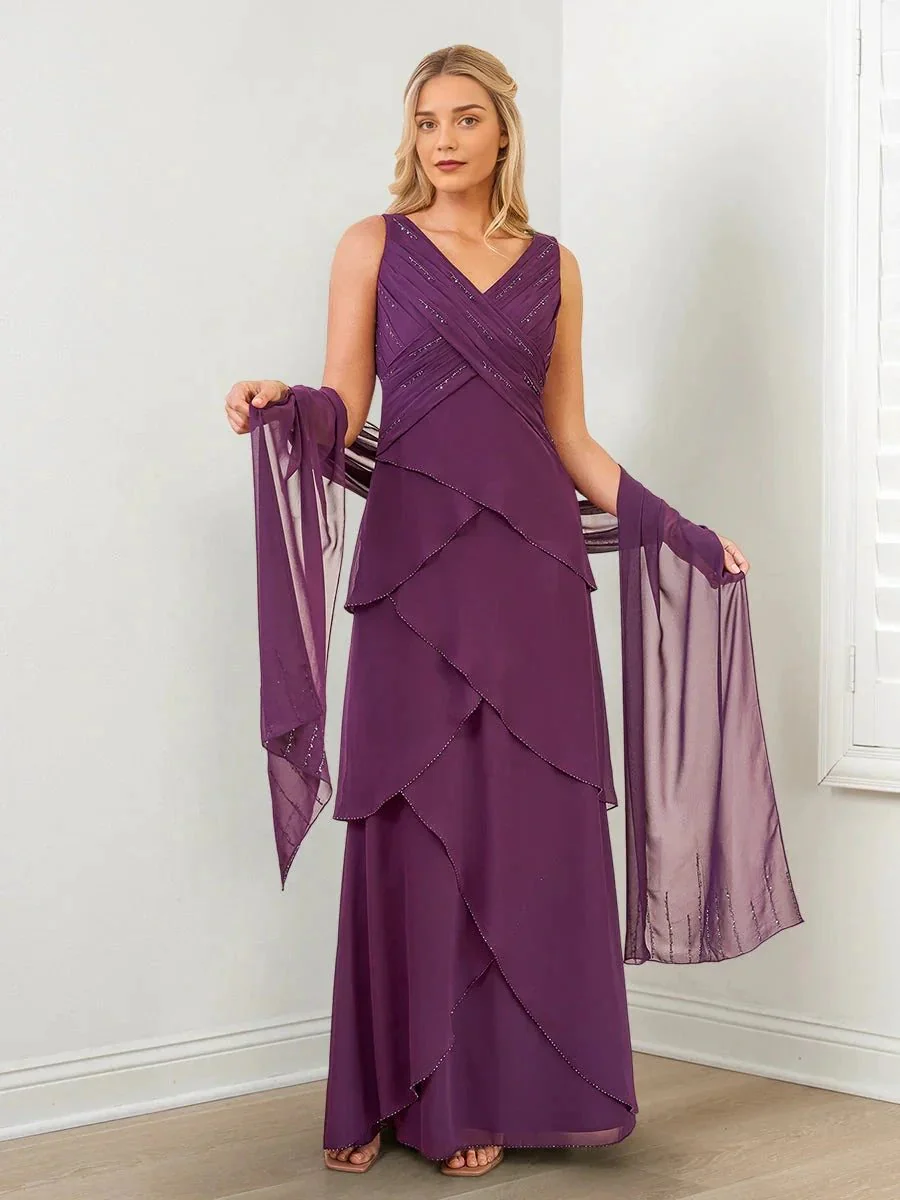 A-Line/Princess V-Neck Mother of the Bride Dresses with Beading & Wraps - Image 3