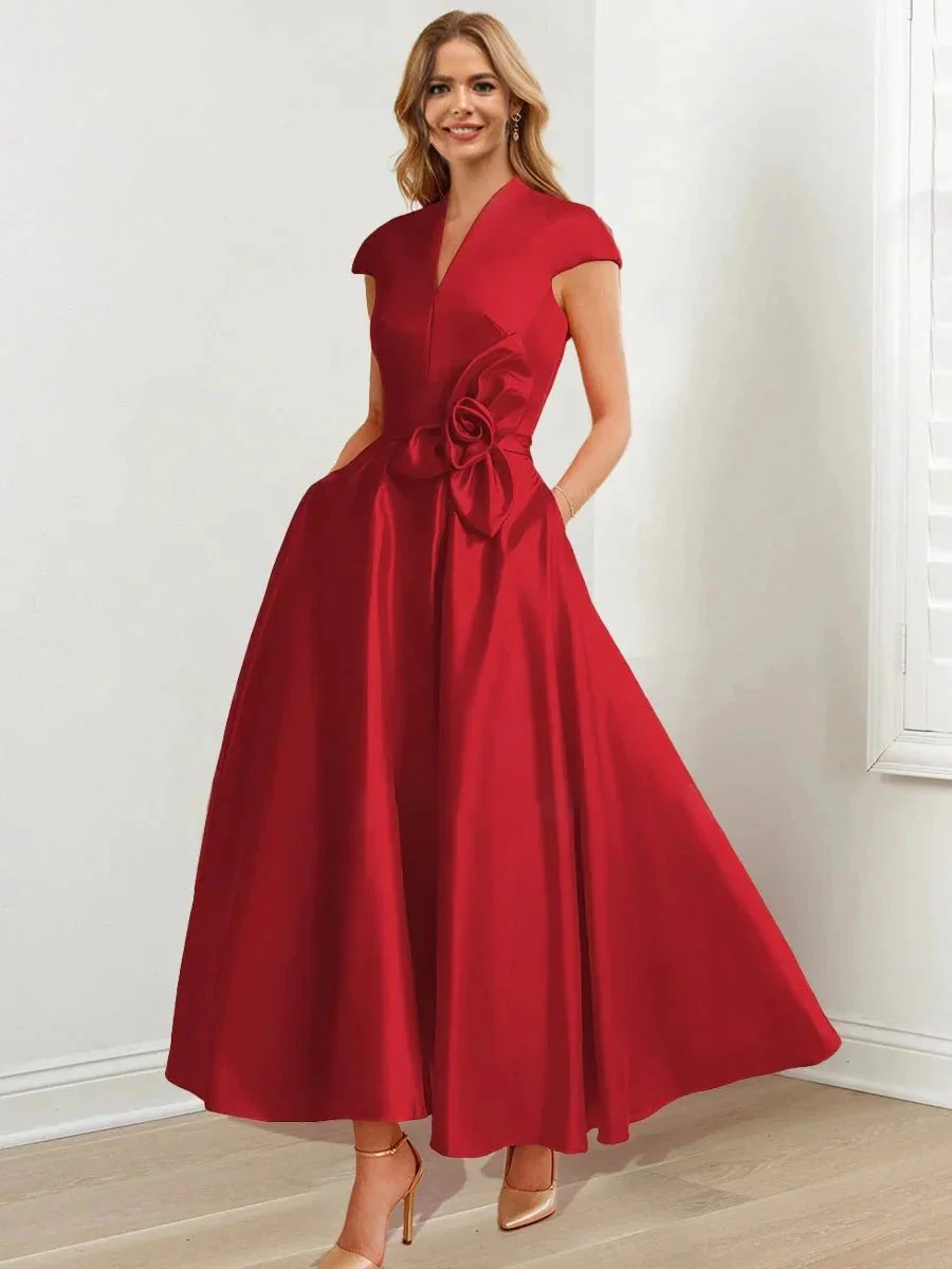 A-Line/Princess V Neck Short Sleeves Ankle-Length Mother of the Bride Dresses - Image 3