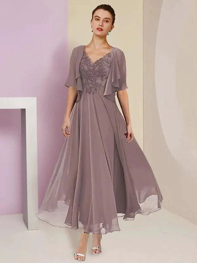 A-Line/Princess V-Neck Tea-Length Mother of the Bride Dresses - Image 3