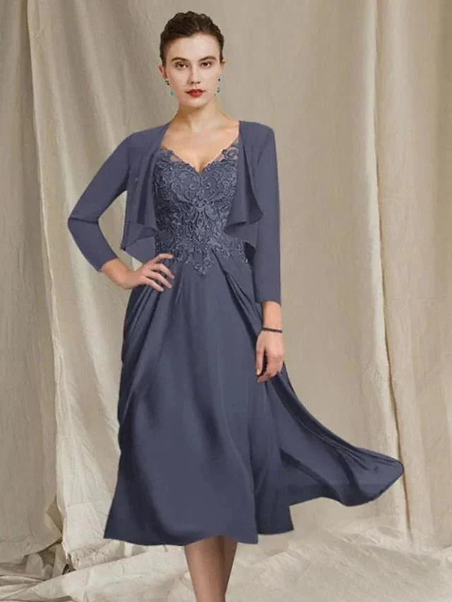 A-Line/Princess V-Neck Tea-Length Mother of the Bride Dresses - Image 5