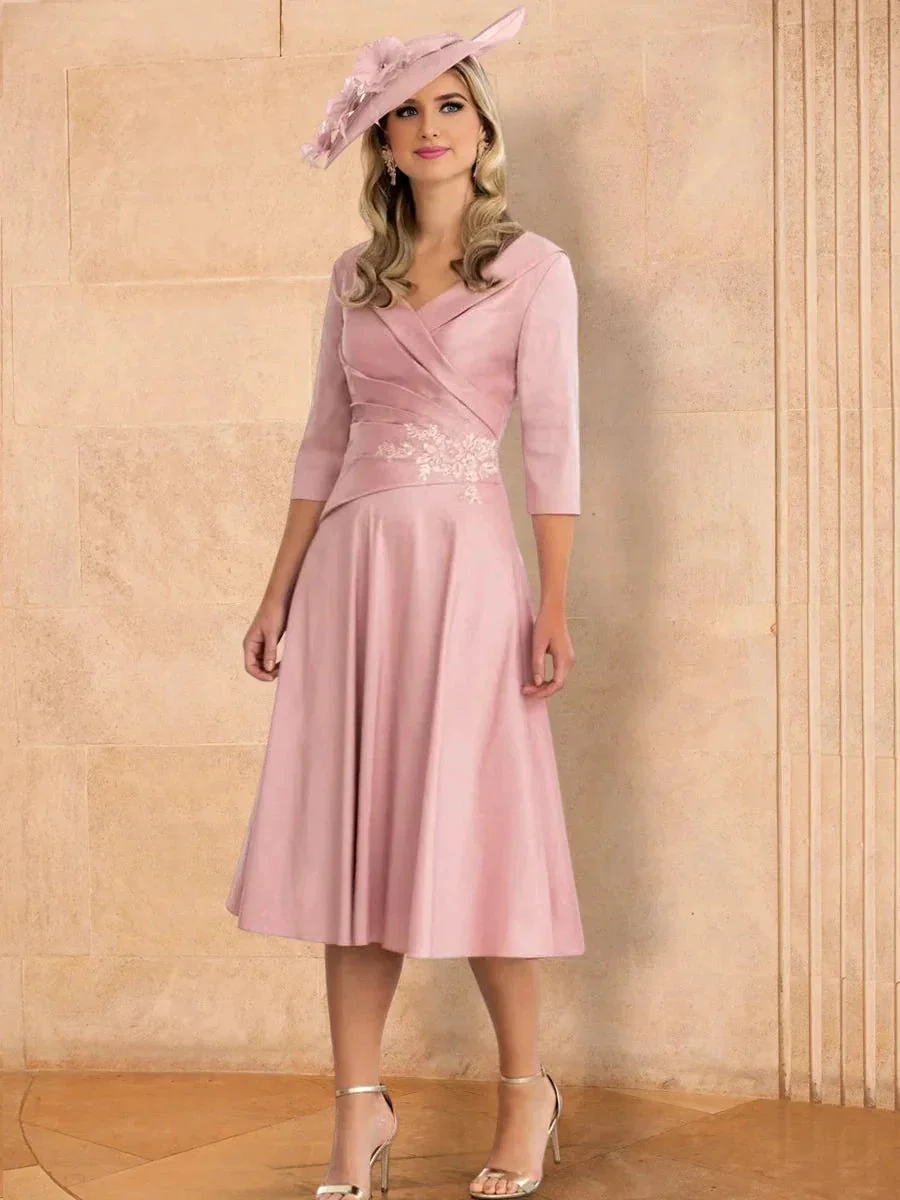 A-Line/Princess V-Neck Tea-Length Mother of the Bride Dresses with Applique - Image 2