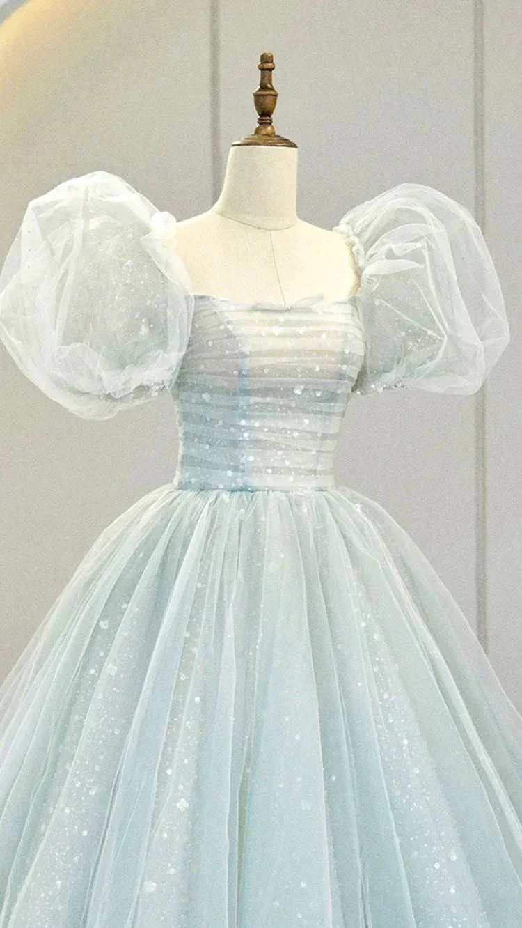 A-Line Puff Sleeves Blue Long Prom Dress, Tulle Formal Evening Dress Y2932 - Image 2