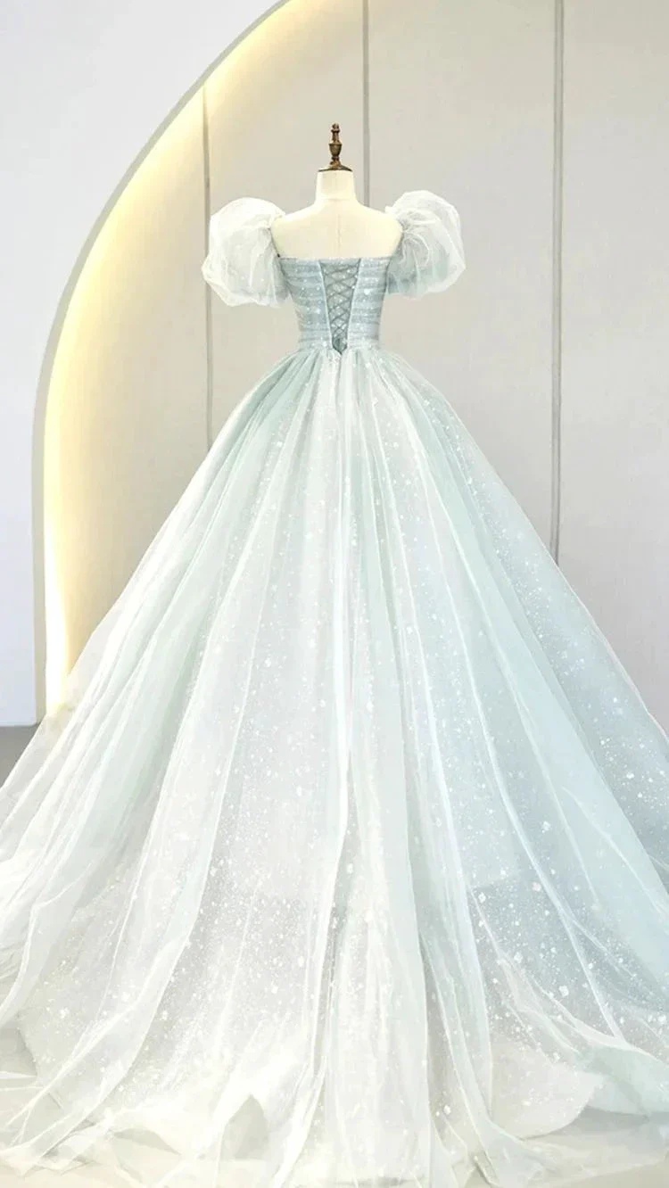 A-Line Puff Sleeves Blue Long Prom Dress, Tulle Formal Evening Dress Y2932 - Image 3