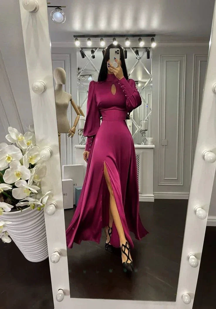A-line Puff Sleeves Long Evening Dress With Split Y7015 - Image 2