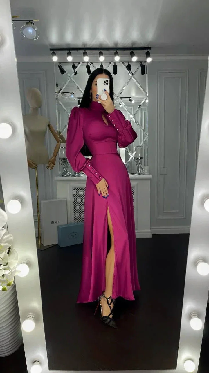A-line Puff Sleeves Long Evening Dress With Split Y7015 - Image 3