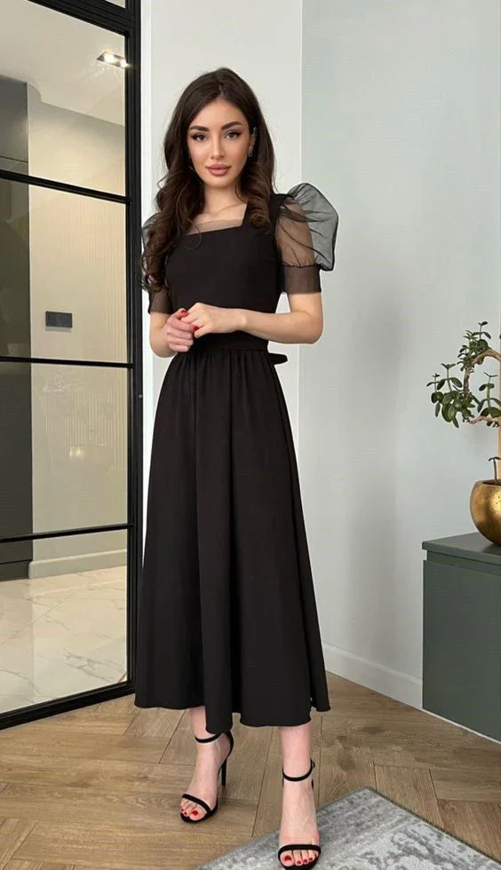 A-Line Puffy Sleeves Evening Dress Black Simple Square Collar Party Gowns For Women Y4558 - Image 2