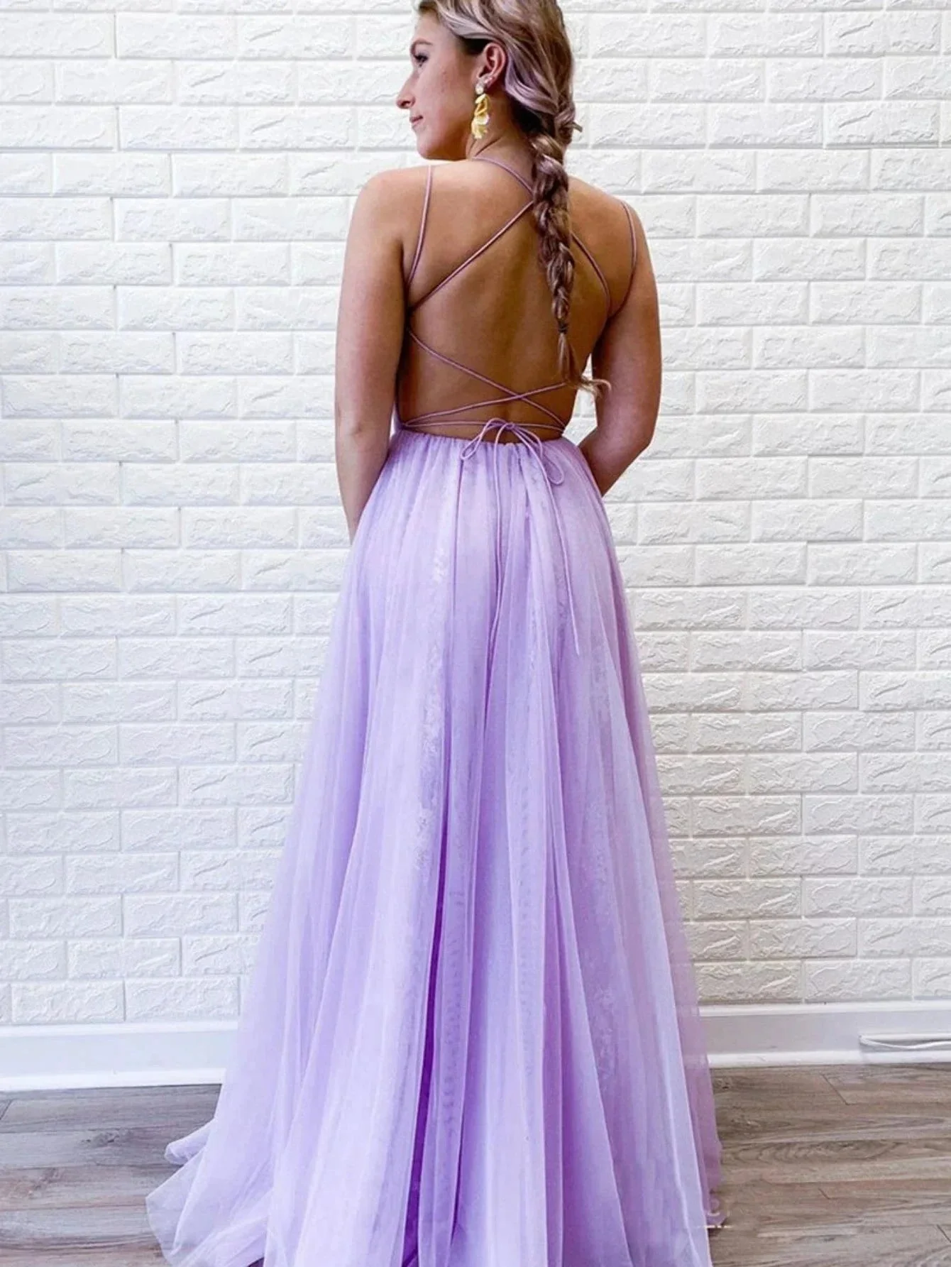 A Line Purple Backless Tulle Long Prom Dress - Image 2
