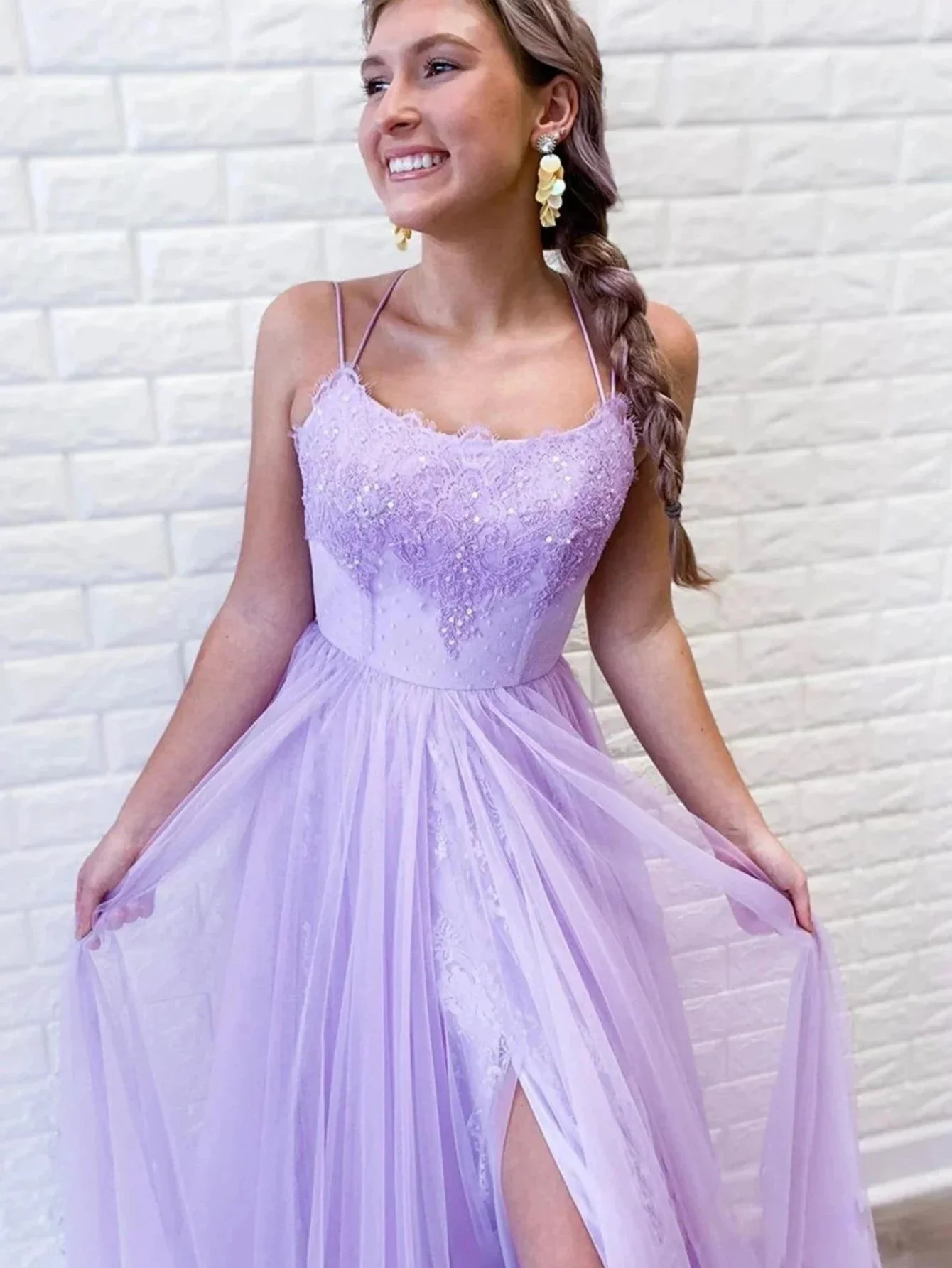 A Line Purple Backless Tulle Long Prom Dress - Image 3