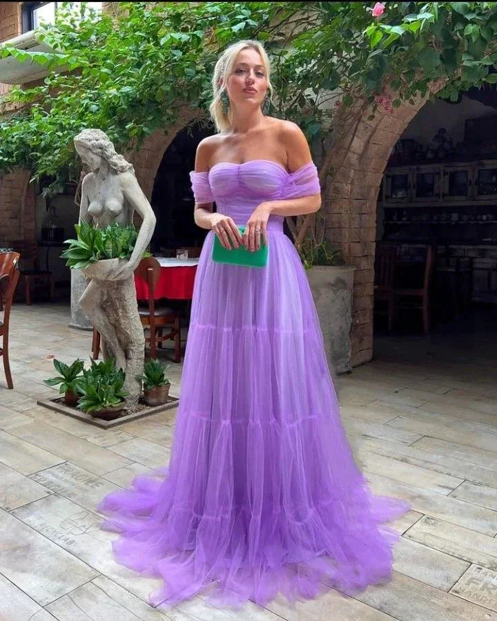 A Line Purple Off the Shoulder Formal Evening Gowns Tulle Long Prom Dresses Y2198 - Image 2