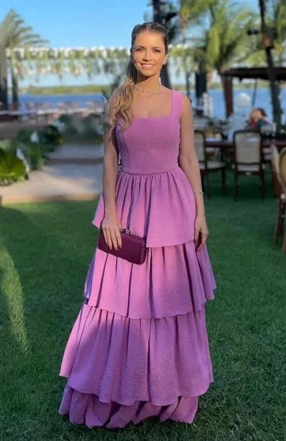 A Line Purple Prom Dresses,Tiered Stretch Satin Evening Dress Y4056 - Image 2