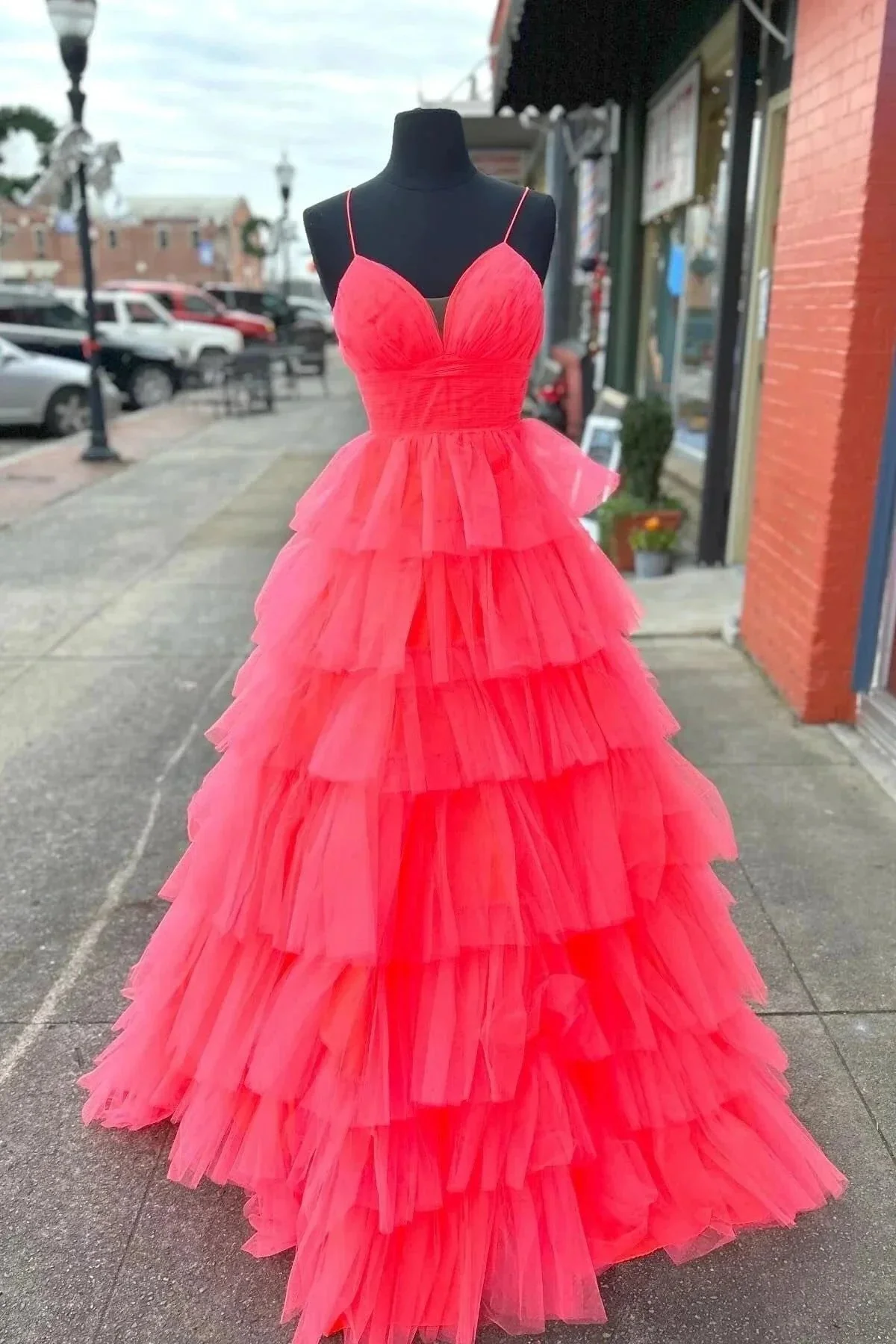 A-line Red Layers Plunging V Neck Long Prom Dress PSK487 - Image 2