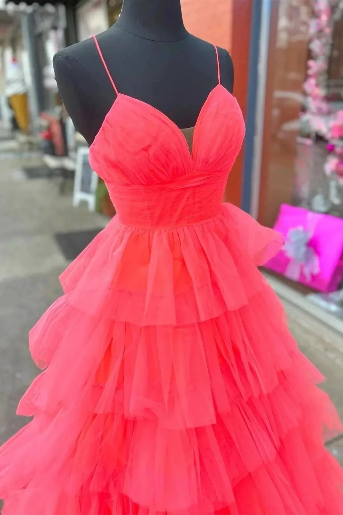 A-line Red Layers Plunging V Neck Long Prom Dress PSK487 - Image 3