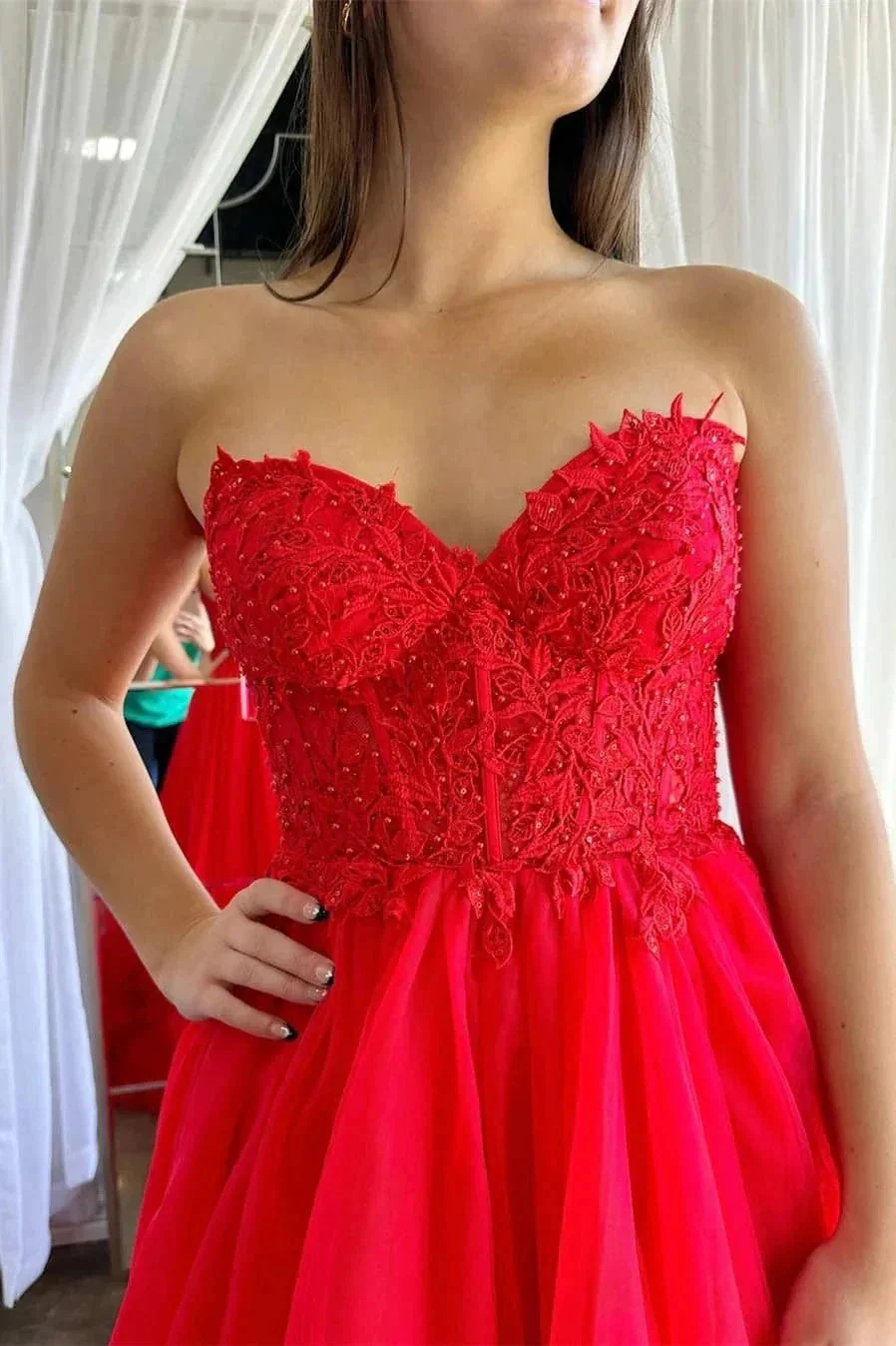 A-Line Red Sweetheart Corset Ruffle Prom Dress Formal Gown PSK493 - Image 2
