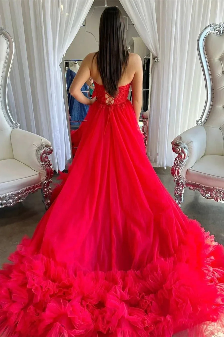 A-Line Red Sweetheart Corset Ruffle Prom Dress Formal Gown PSK493 - Image 3