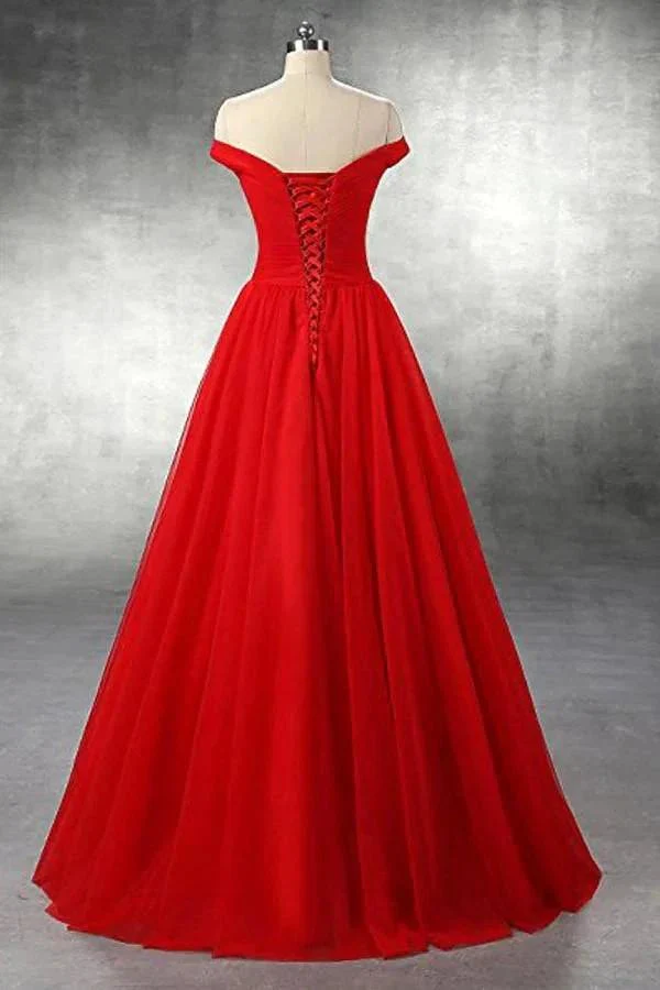 A-line Red Floor Length Tulle PromDresses Evening Dresses PG247 - Image 2