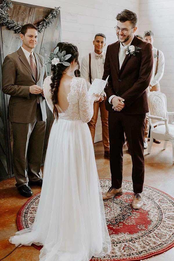A-Line Round Neck Backless Lace Top Wedding Dress with Long Sleeves  WD371 - Image 2