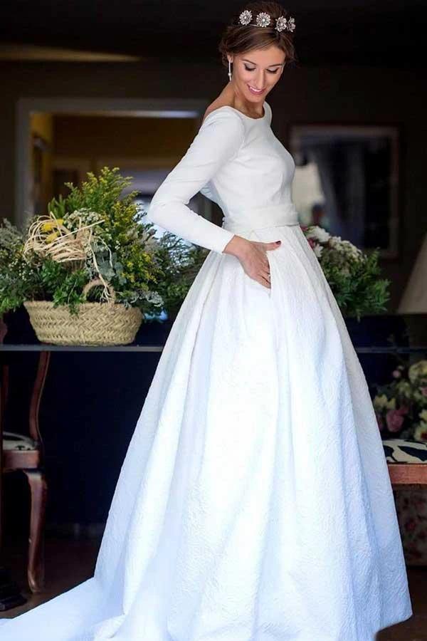 A-Line Round Neck Backless Satin Wedding Dress with Sleeves WD266 - Image 2