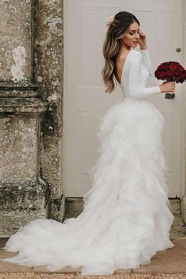 A-Line Round Neck Court Train Tulle Wedding Dress with Long Sleeves  WD307 - Image 2