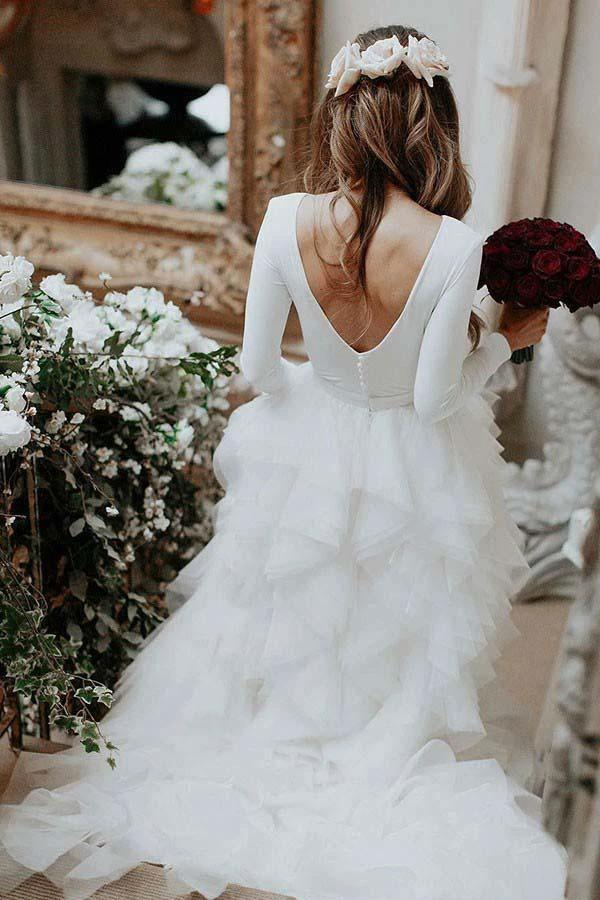 A-Line Round Neck Court Train Tulle Wedding Dress with Long Sleeves  WD307 - Image 3