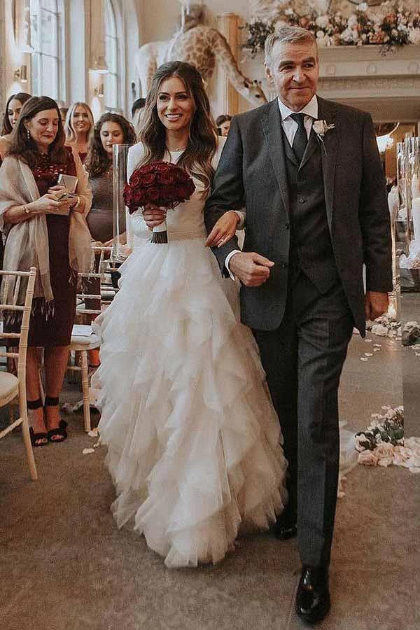 A-Line Round Neck Court Train Tulle Wedding Dress with Long Sleeves  WD307 - Image 4
