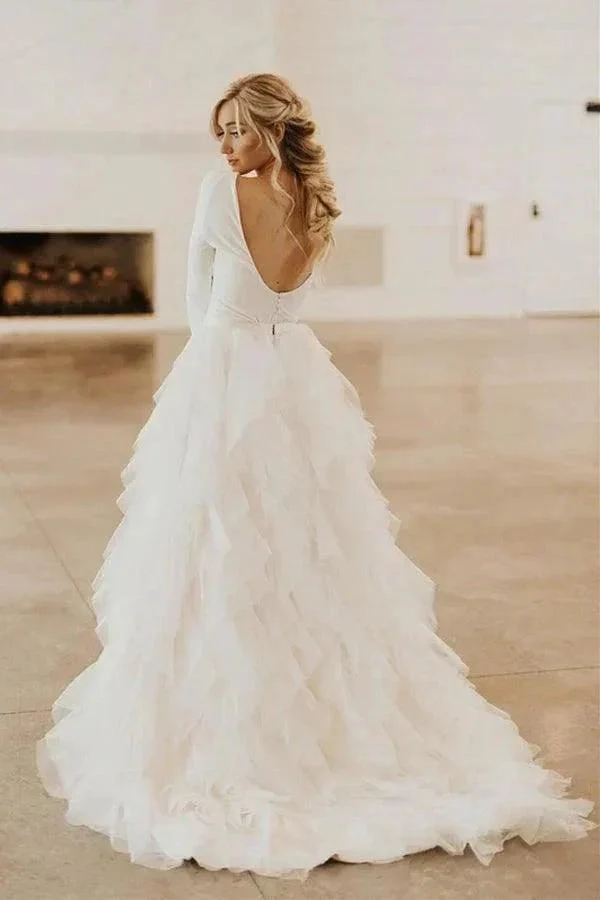 A-Line Round Neck Court Train Tulle Wedding Dress with Long Sleeves  WD307 - Image 5