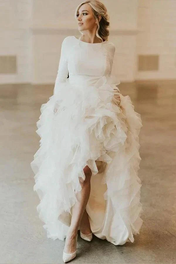 A-Line Round Neck Court Train Tulle Wedding Dress with Long Sleeves  WD307 - Image 6
